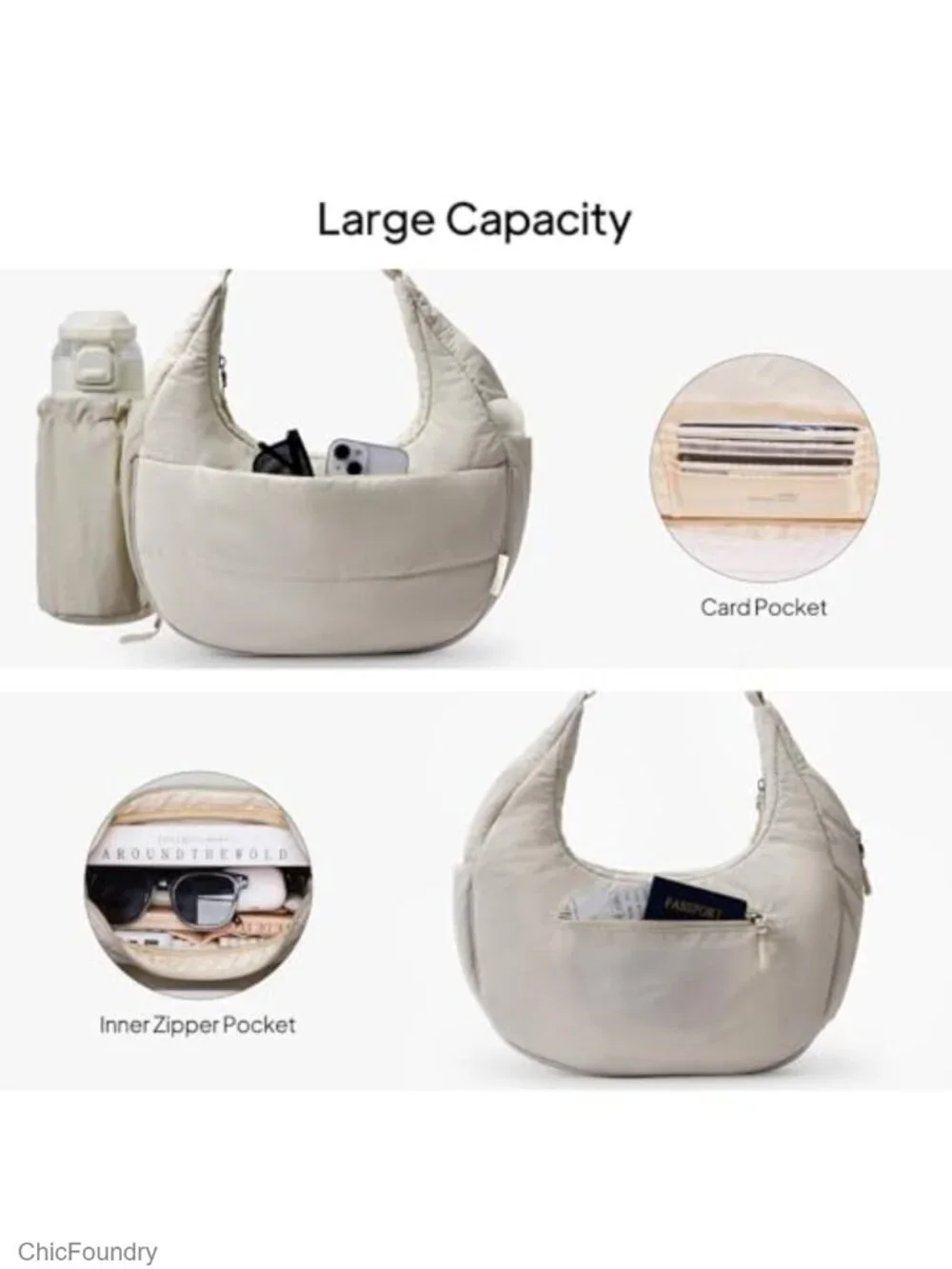 Puffer Crossbody Bag for Women with Water Bottle Holder, 7L Multi-Pocket Travel
